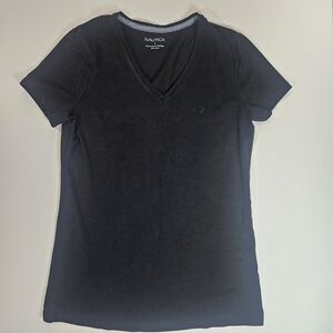 Nautica Womens T-shirt Size Small Black V-neck Casual Essential Logo Coastal Top